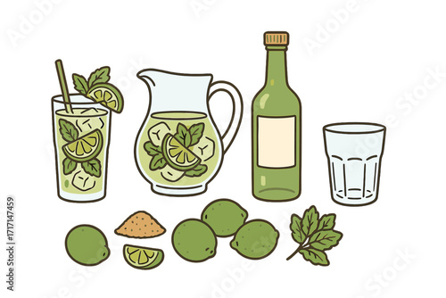 Mojito cocktail recipe ingredients set. Hand-drawn vector illustration of lime, mint, rum bottle, sugar, glass, and pitcher for bar menu, summer party, or refreshing drink concept.