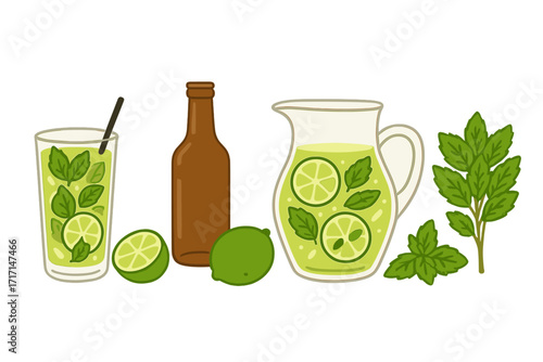 Mojito cocktail ingredients set with lime, mint, and rum. Refreshing summer drink in glass and pitcher. Hand drawn flat vector illustration for bar menu or party concept.