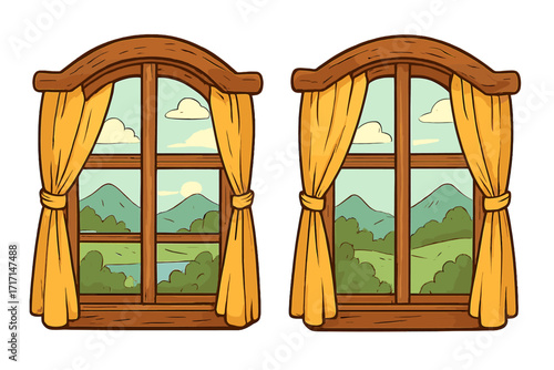Set of two isolated rustic wooden windows with yellow curtains overlooking beautiful natural green landscape, mountains, clouds, and lake, medieval fairy tale style cartoon flat design