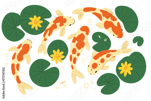Japanese Koi fish swimming in a pond with waterlilies. Top view of Asian carp and lotus flowers. Hand drawn flat vector cartoon illustration set for aquatic background.