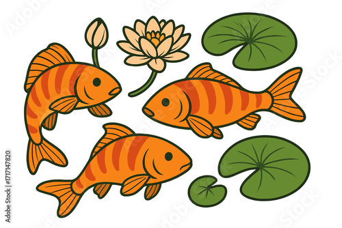 Set of three Japanese koi fish swimming with lotus flower and lily pads. Vector cartoon illustration of Asian carp in a zen garden pond. Aquatic nature and wildlife design elements.