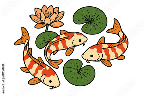 Three Japanese koi fish swimming in a zen garden pond with a beautiful pink lotus flower and green lily pads. Serene aquatic nature vector illustration for Asian culture.