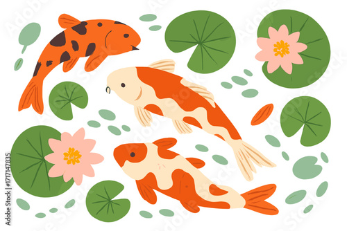 Top view of Koi fishes or Asian carp swimming in a waterlily pond. Vector flat hand drawn set. Cartoon collection with water lily, leaves and transparent background.