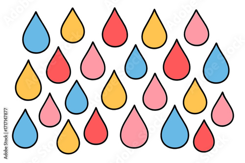 Abstract colorful water drops background with blue, red, yellow, and pink teardrop shapes, hand-drawn vector linear illustration, cartoon style vibrant design pattern
