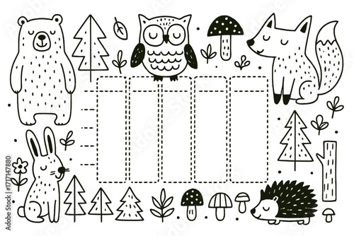 Weekly planner with cute funny forest animals doodle, Scandinavian style kids school schedule sheet, hand-drawn vector illustration, A4 printable template design, nature theme organizer