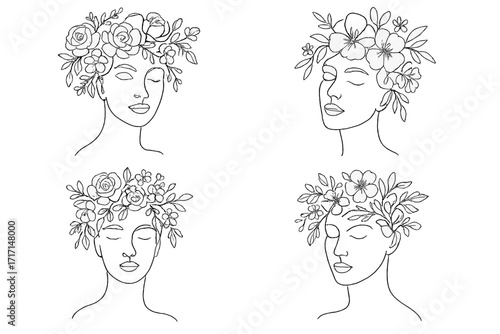 Woman face with flowers continuous line drawing set. Female one line abstract portrait. Minimalist contour art. Floral girl head for beauty salon, logo, print, poster, card.