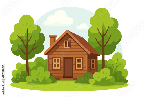 Summer landscape with a wooden house. Cozy cabin in the forest. Rural cottage in the countryside. Nature scenery with trees, bushes, sky, and clouds. Flat vector illustration.