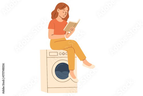 Young woman sitting on washing machine reading book, waiting for laundry wash cycle to finish, relaxed housewife doing daily routine, home chores concept, vector flat illustration