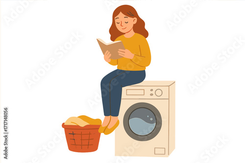 Young woman sitting on washing machine reading book while waiting for wash cycle to finish, housewife doing laundry routine, home chores concept, vector flat illustration
