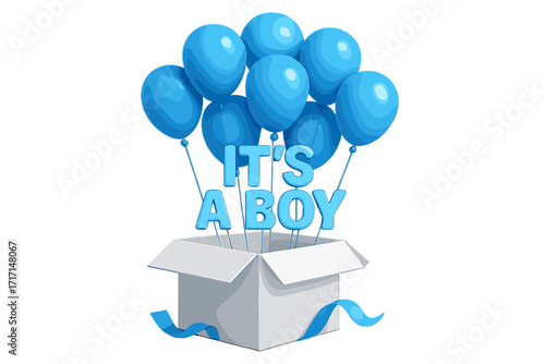 It's a boy gender reveal announcement. Surprise box with blue balloons for a baby shower party. Realistic 3d vector cartoon illustration for newborn celebration.