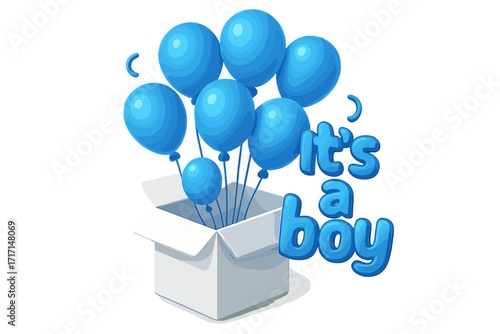Gender reveal party concept. It's a boy announcement. 3D vector illustration of blue balloons flying out of a surprise gift box. Baby shower celebration for a newborn son.