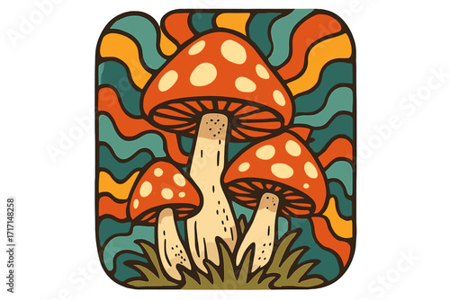 Retro 70s psychedelic hippie mushroom print. Groovy graphic background for sticker or poster. Vector cartoon illustration of magic fly agaric mushrooms in trippy style.