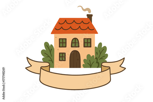 Home sweet home lettering inspiration concept. Cute cartoon house with a blank banner for custom text. Let's stay home. Vector hand drawn flat illustration for real estate.