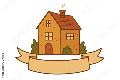 Cozy house with blank banner for text. Home sweet home concept. Stay home lettering inspiration. Vector flat hand drawn cartoon illustration for real estate or mortgage.