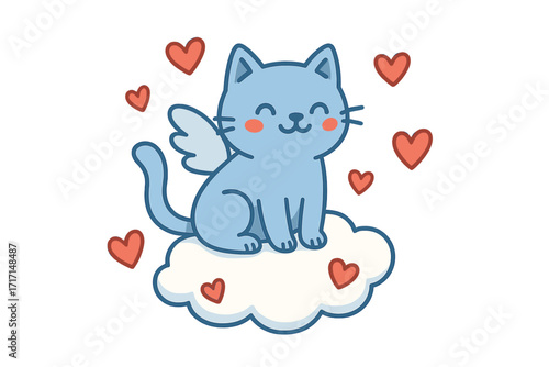 Cute Cupid cat with angel wings on cloud with love hearts. Valentine's Day card. Kawaii character. Funny animal mascot. Adorable pet. Flat vector cartoon illustration.