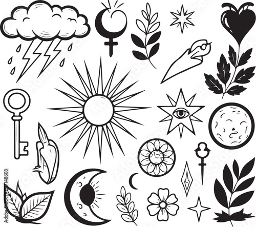 Celestial mystical doodle icons set