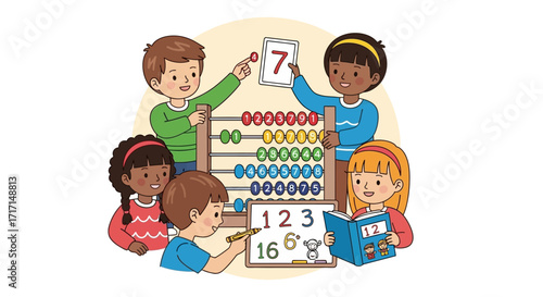 Enthusiastic students learning mathematics with abacus and whiteboard in classroom