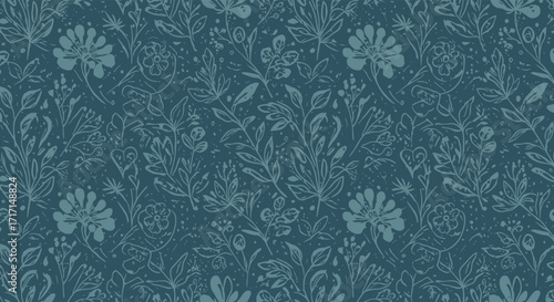 Delicate botanical illustration featuring stylized teal wildflowers and lush foliage