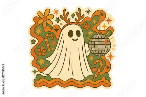 Retro groovy 70s Christmas ghost with reindeer antlers holding a disco ball. Cute spooky Xmas character for sublimation print design. Hippie holiday party vector illustration.