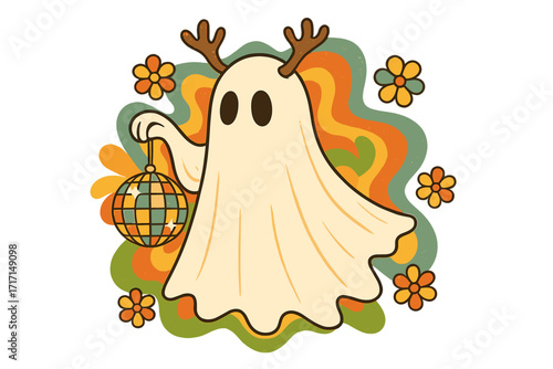 Groovy Christmas ghost with reindeer antlers and disco ball. Retro 70s hippie character illustration. Funny Xmas sublimation print design with flowers. Holiday party spook.