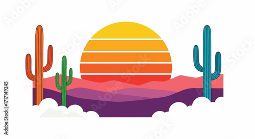 Colorful desert landscape with cactuses and a retro sun evokes a vintage travel vibe