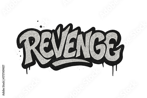 Urban graffiti style Revenge typography, Y2K lettering with textured spray drops, unique typographic logo, street art design isolated on white background, vector illustration