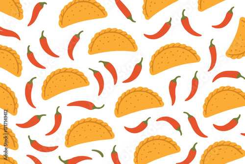 Seamless pattern with Mexican empanadas and red chili peppers on white background, hand-drawn flat vector illustration, Latin American traditional food, spicy snack design, packaging and textile decor