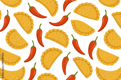 Seamless Mexican empanada pattern with red chili peppers, Latin American savory pastry, flat hand-drawn vector illustration for packaging, textile, food background