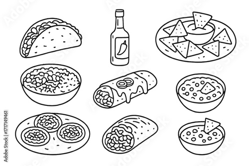 Traditional Mexican food set collection. Hand-drawn linear vector sketches of classic Mexican cuisine with tacos, burritos, nachos, dips, sauces, and enchiladas. Mexican food menu illustration.