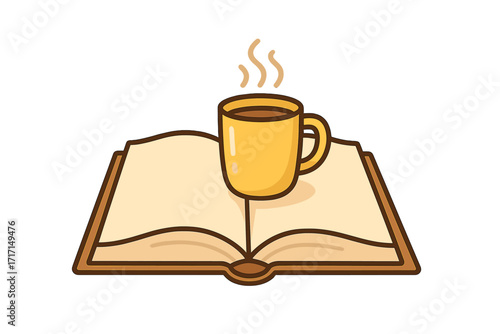 Open book with hot coffee or tea cup. Reading, studying, education concept. Logo for book club, library, cafe, or blog. Cozy morning routine with a warm beverage.