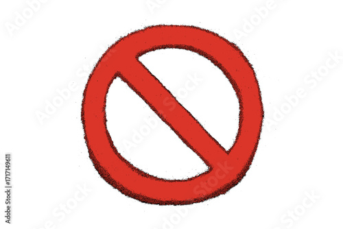 Spray painted urban graffiti "No" sign, red STOP icon with overspray drops isolated on black background, textured hand-drawn vector illustration, street art stencil style