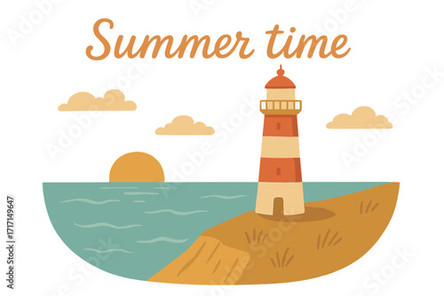 Summer postcard template with lighthouse on bank slope, seashore coastal landscape, ocean view with beacon on cliff and setting sun, flat hand-drawn vector illustration