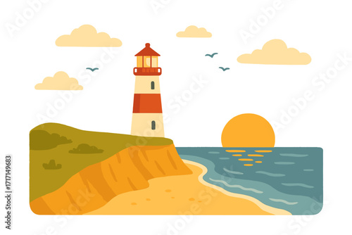 Summer postcard template with lighthouse on cliff slope, seashore landscape, ocean view with beacon, golden sunset, coastal scenery, sea summer vector illustration