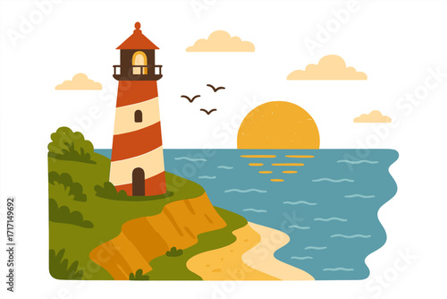 Summer postcard template with red and white striped lighthouse on coastal cliff slope, seashore landscape with sea view, sun setting over ocean, birds flying, flat vector illustration
