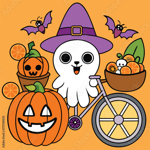 Happy ghost wearing a witch hat rides a bicycle with Halloween pumpkins and orange fruits