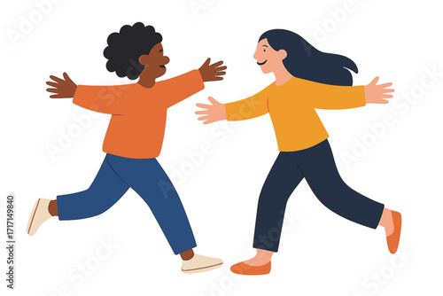 Diverse women running towards each other for a joyful hug, friendship and allyship concept, female social community, casual abstract characters in colorful outfits, flat hand-drawn vector illustration