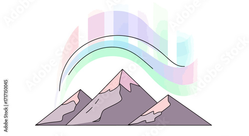 Stylized mountain range beneath aurora borealis a minimalist landscape illustration