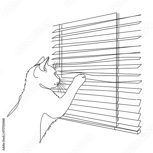 Cat scratching window blinds in line art style symbolizing curiosity