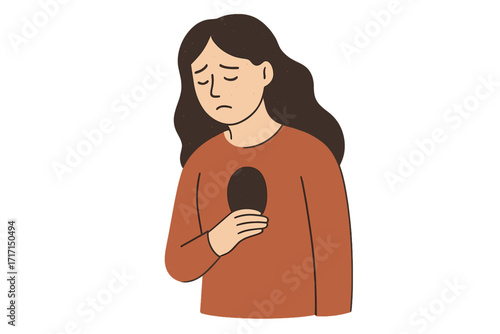 Sad depressed woman with a hole in her chest feeling empty inside. Mental health awareness concept. Metaphor for grief, emotional burnout, anxiety, loneliness, psychology.