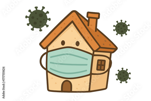 Stay home quarantine concept with cartoon house wearing medical mask for coronavirus COVID-19 prevention, pandemic safety, isolation, and health protection vector illustration.