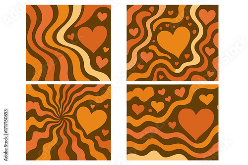 Set of 60s 70s Hippie Retro Valentine's Day Square Posters, Groovy Wavy Lines and Hearts, Vintage Distorted Background, Love Theme, Psychedelic Banners, Romantic Quotes Template