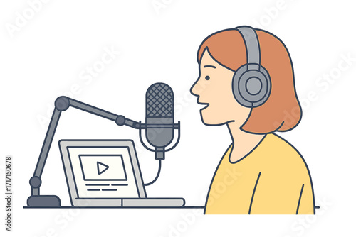 Woman hosting online podcast recording in studio, female profile speaking into microphone with headphones, broadcasting concept, flat linear vector illustration