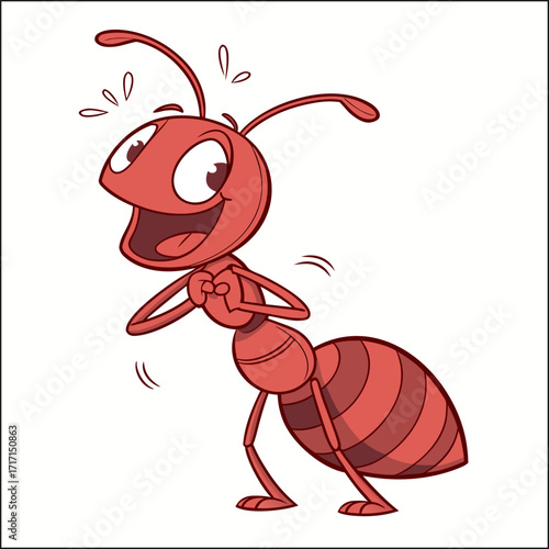 Cute ant cartoon character holding blue flower on white background