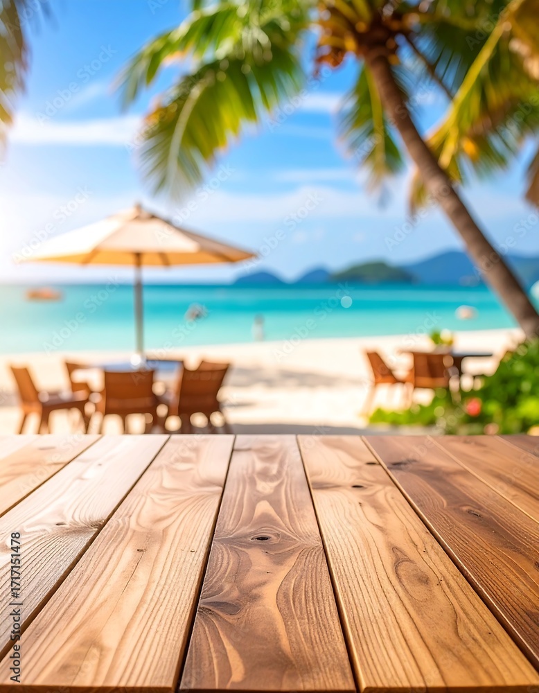 Fototapeta premium Blurred beach scene with wooden table