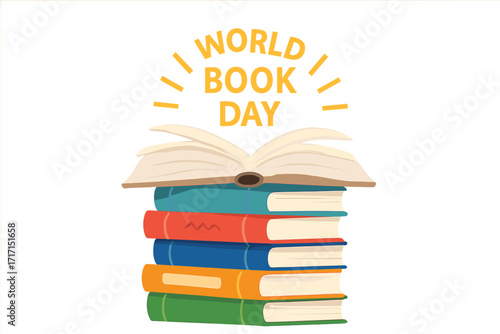 World Book Day greeting card banner with colorful stack of books and open book illustration, education concept, reading celebration, literature vector cartoon design