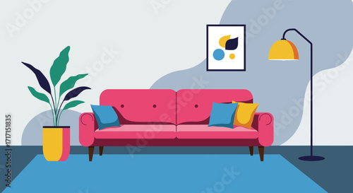 A cozy living room scene featuring a sofa plant and floor lamp