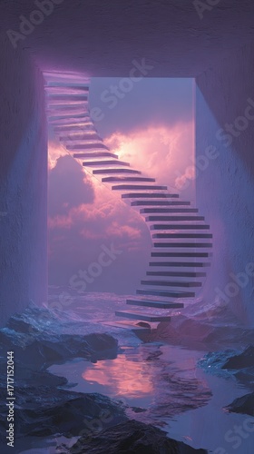 Ethereal Stairway to Heaven - Pastel Clouds and Dreamlike Reflection.