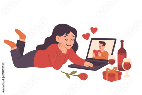 Virtual Valentine's Day date. Long-distance relationship concept. Couple celebrating love via video call on laptop. Woman and man with heart. Online romance from home.