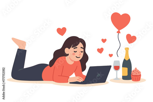 Woman on a virtual date for Valentine's Day. Long-distance relationship concept. Girl with laptop, wine, and cupcake celebrating love online. Romantic chat vector illustration.