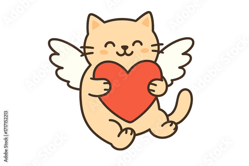 Cute winged cat holding a big red heart. Funny angel kitty for Valentine's day greeting card. Adorable cupid character for baby card or poster. Kawaii animal vector illustration.